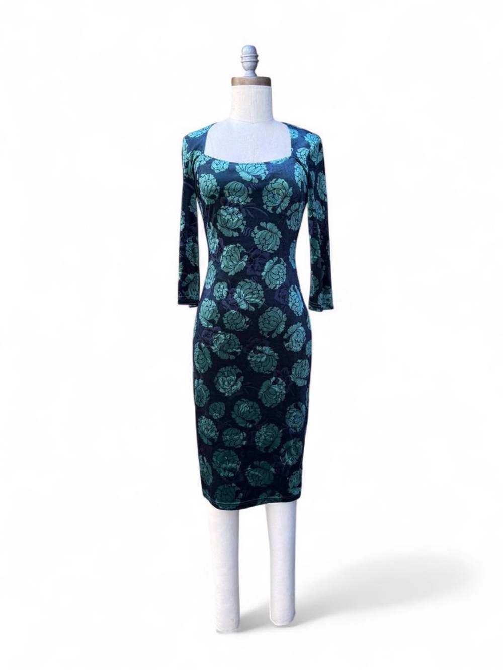 Floral velvet bodycon dress navy & green square neck 3/4 sleeves size small
